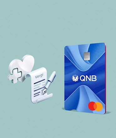 QNB logolu dikey kredi kartı yanında 'Vergi' yazılı bir belge, dolma kalem ve artı işaretli kalp ikonu.