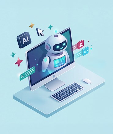 "AI" simgesi eşliğinde bilgisayar ekranından dışarı doğru süzülen, etrafında arayüz ve sohbet ögeleri bulunan 3D yapay zeka robotu illüstrasyonu.