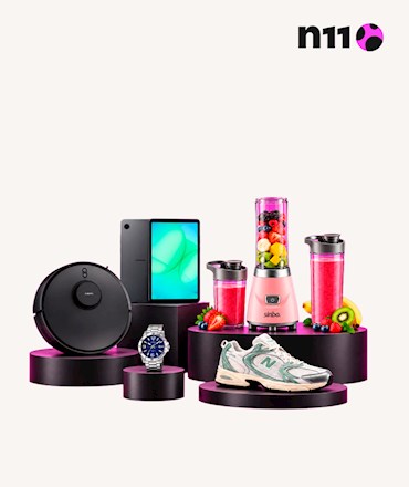 Sağ üstte n11 logosu; robot süpürge, tablet, kol saati, spor ayakkabı ve meyvelerle sinbo smoothie blender ürünü.