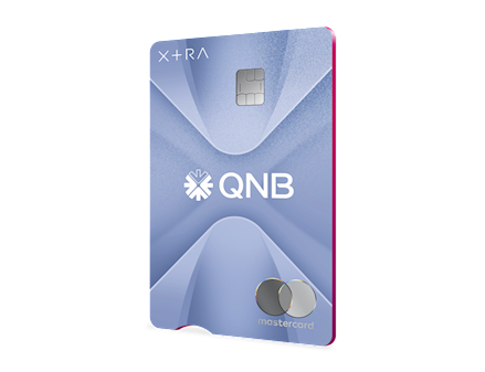 X+RA QNB mastercard logolu, mavi renkli kredi kartı görseli.